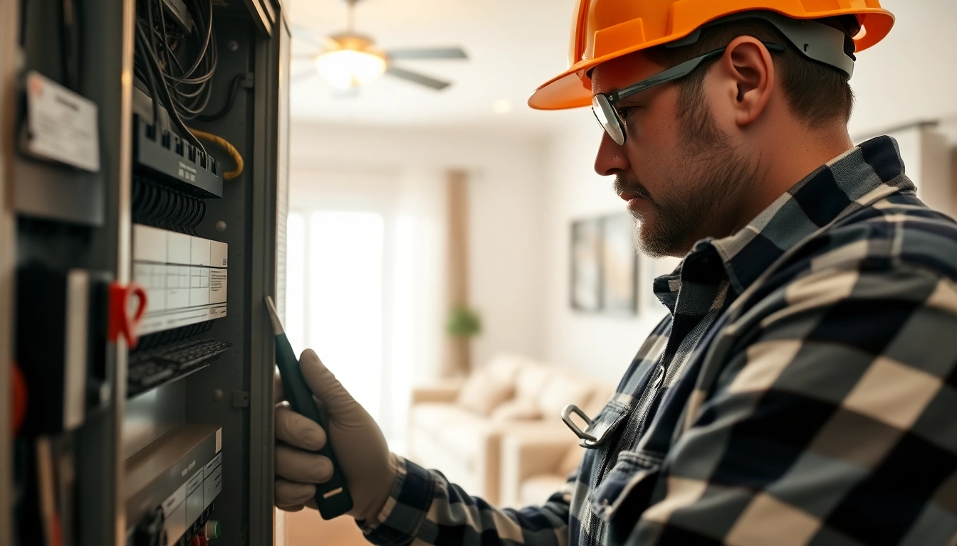 Electrician conducting an Electrical Panel Upgrade with safety tools in a bright residential space.
