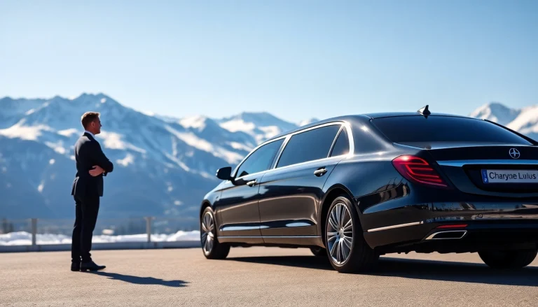 YVR to whistler car service featuring a luxury limousine amidst stunning mountain scenery.