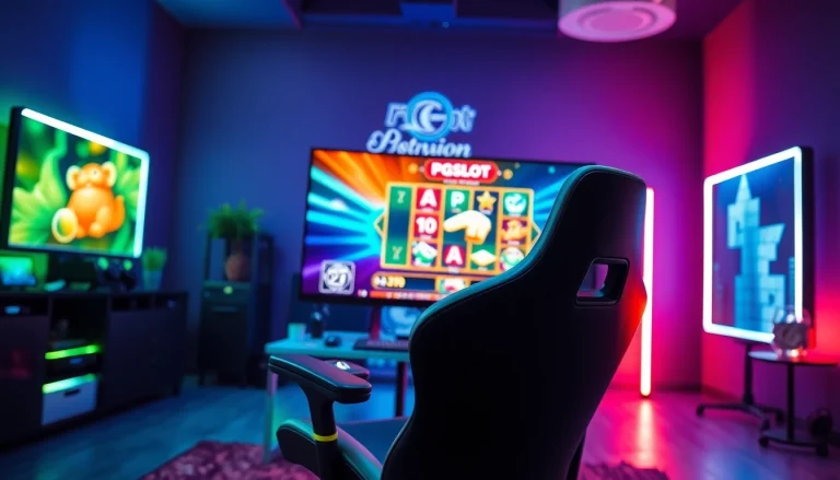 Play pgslot with an immersive gaming setup featuring vibrant lights and a modern interface.