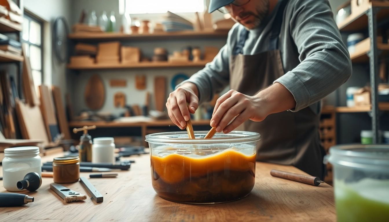 Mixing laminating resin in a professional workshop, highlighting craftsmanship and materials.