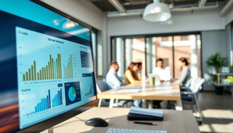 Showcasing business membership software in a modern office, highlighting membership analytics and teamwork.