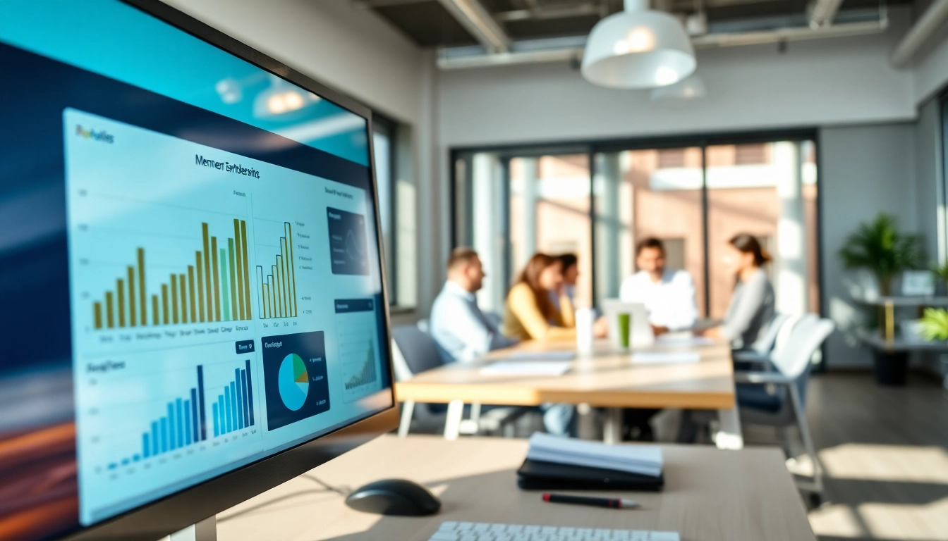 Showcasing business membership software in a modern office, highlighting membership analytics and teamwork.