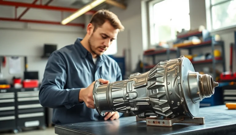 Buy used transmission online with attention to quality and professionalism portrayed in an automotive garage.