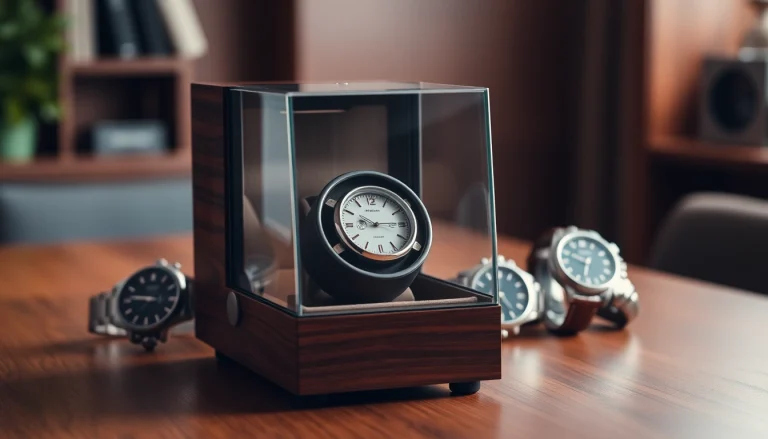 Showcasing a high-quality watch winder with automatic watches, highlighting luxury and craftsmanship.