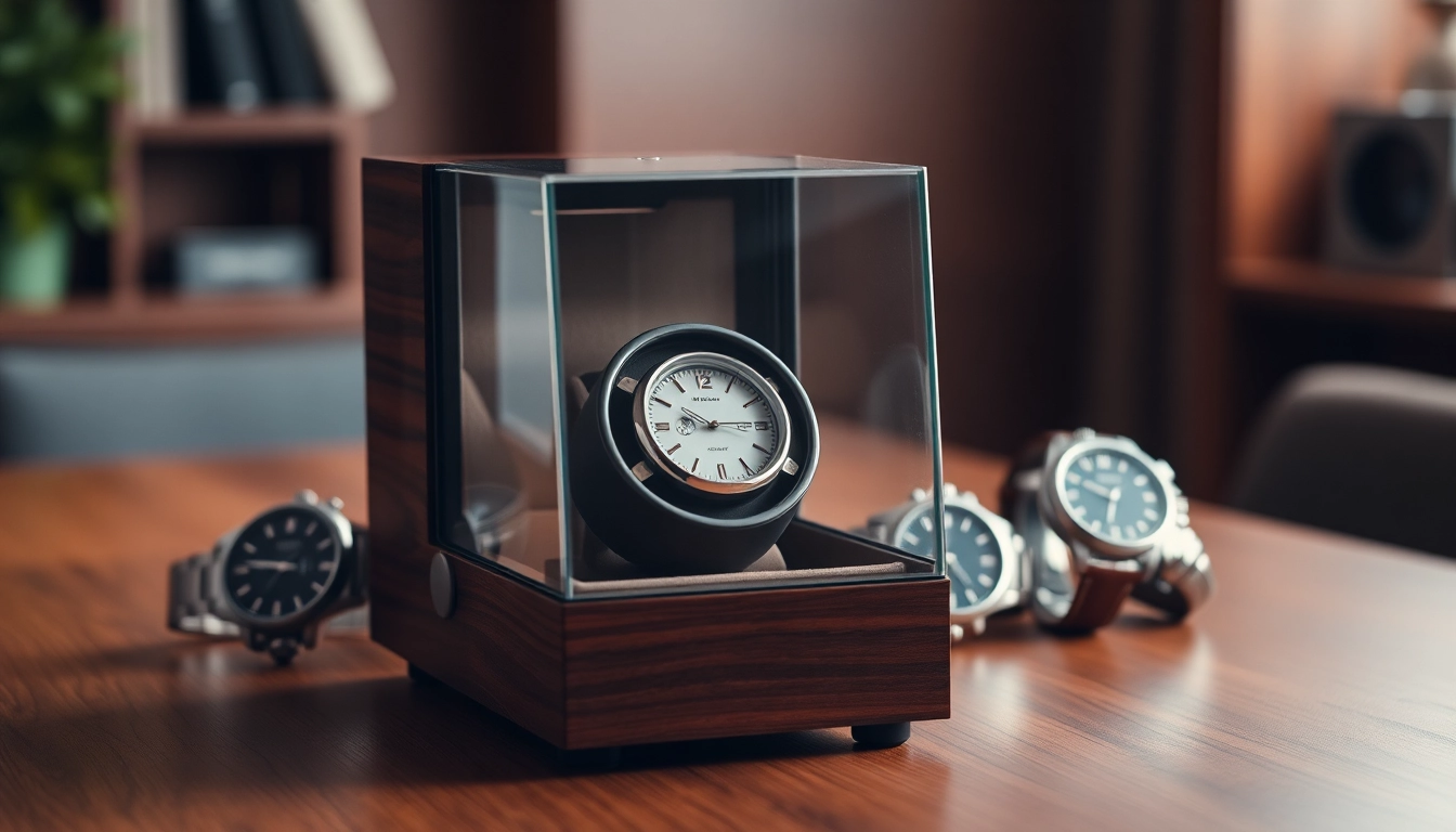 Showcasing a high-quality watch winder with automatic watches, highlighting luxury and craftsmanship.