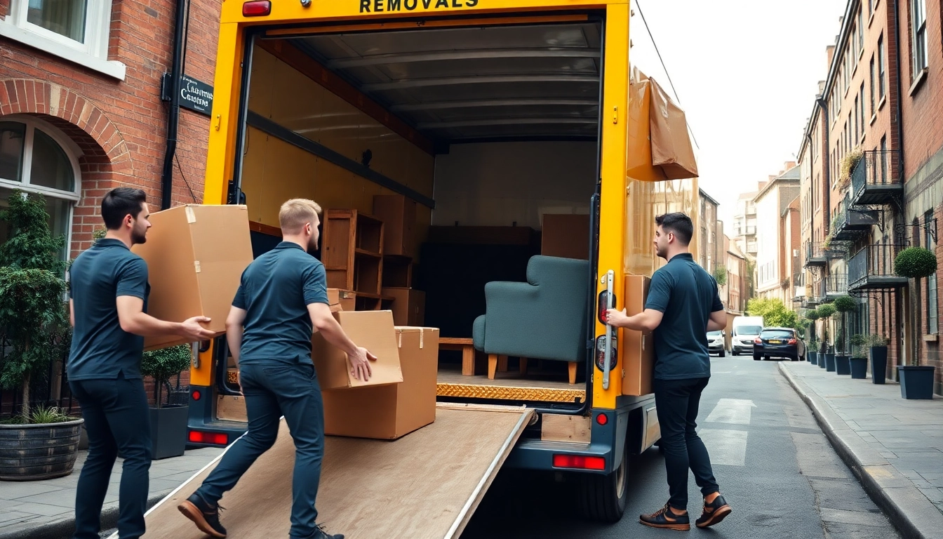 East London removals team professionally loading items into a brightly colored moving van on a sunny day.