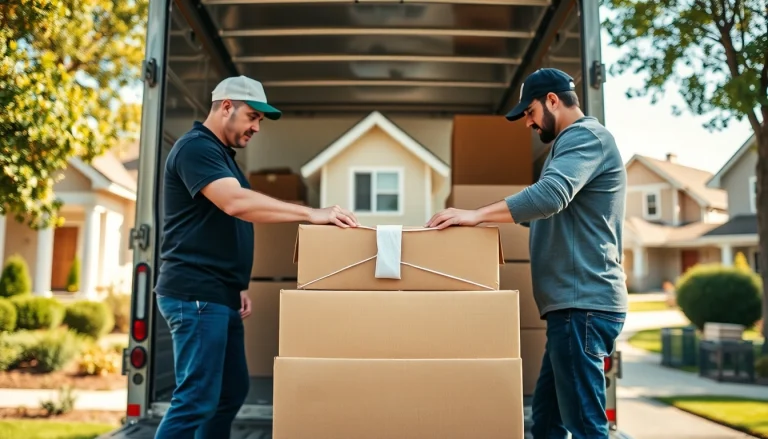 Long-Distance Movers securely packing items into a moving truck in a sunny neighborhood.