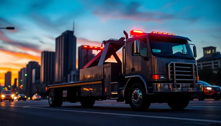 Reliable towing service represented by a professional tow truck parked in an urban street.