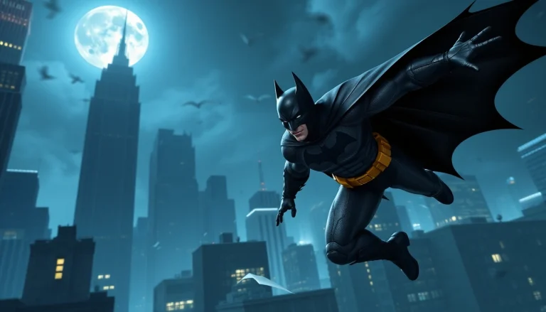Menampilkan permainan game batman138 dengan Batman terbang di atas kota Gotham yang gelap.