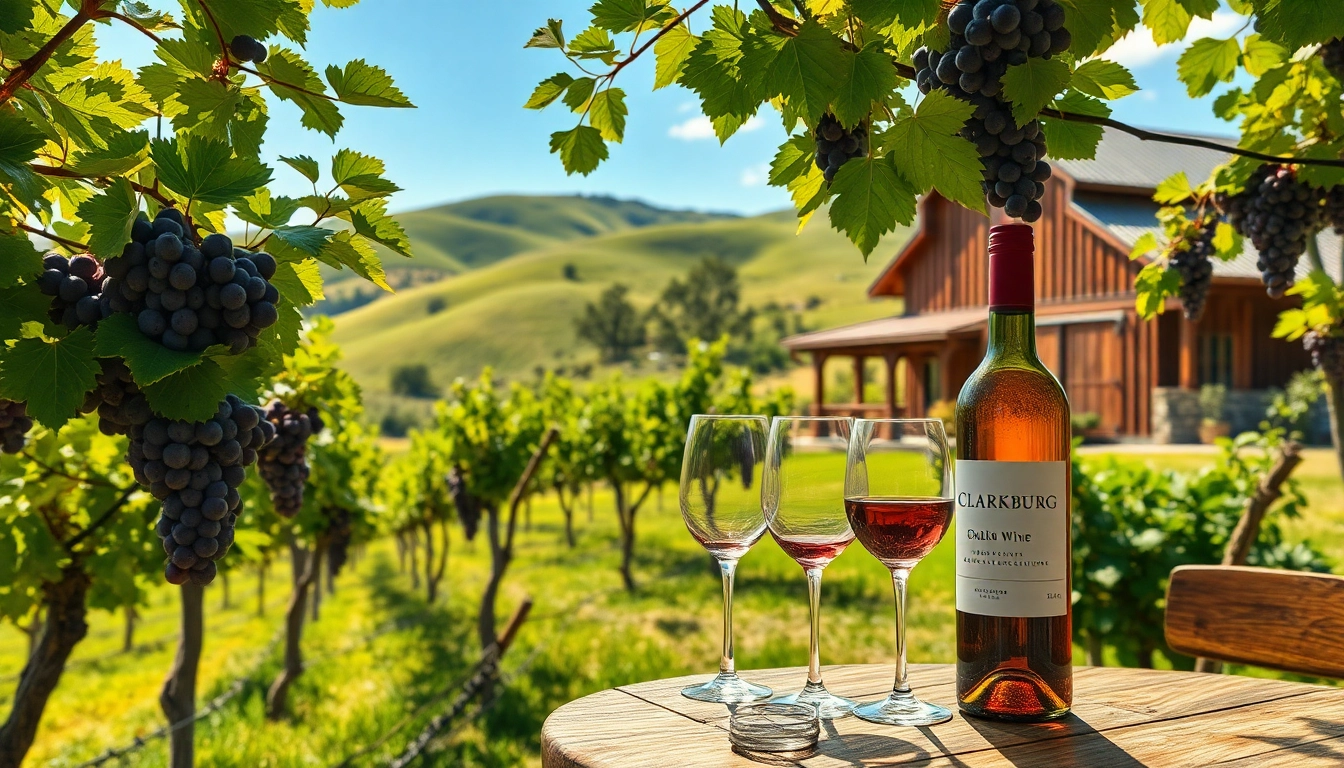 Experience the beauty of Clarksburg wineries with lush vineyards and a charming rustic winery backdrop.