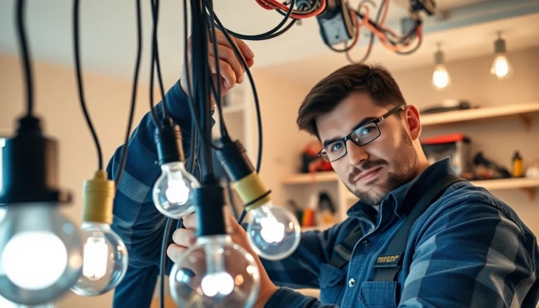 Electrician installing wires and bright fixtures in a modern home workspace.