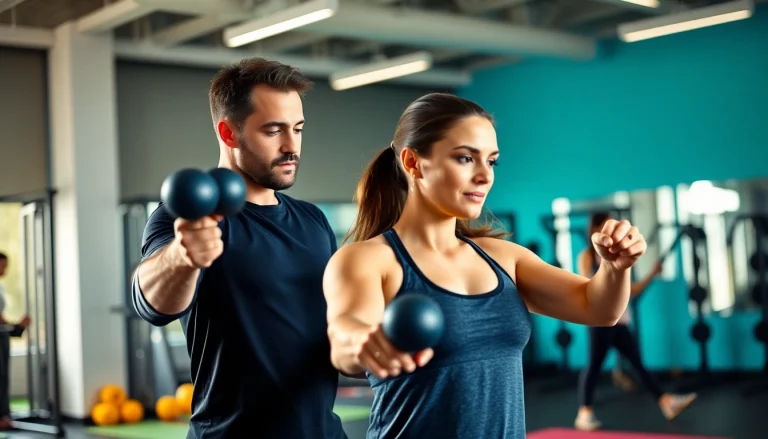 Personal trainer instructing a client in a vibrant gym, promoting fitness and engagement.