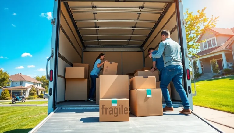 Colorado movers efficiently loading a truck in a vibrant suburban neighborhood.