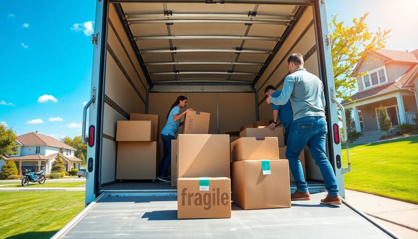 Colorado movers efficiently loading a truck in a vibrant suburban neighborhood.