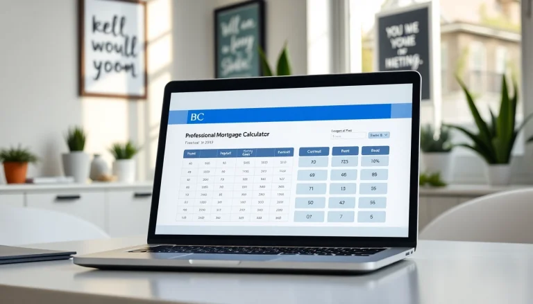 Calculate monthly payments using the BC Mortgage Calculator in a serene home office setting.