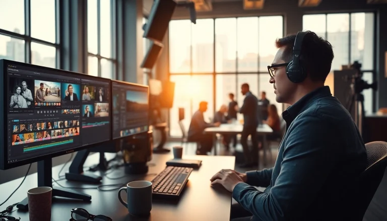 Editing Post Production Toronto: A professional video editor at work in a modern studio, showcasing vibrant editing software and collaborative space.