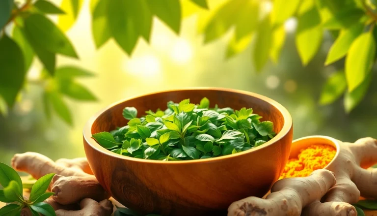 Vijaya Vati herbal remedy in a wooden bowl surrounded by Ayurvedic herbs and natural ingredients.