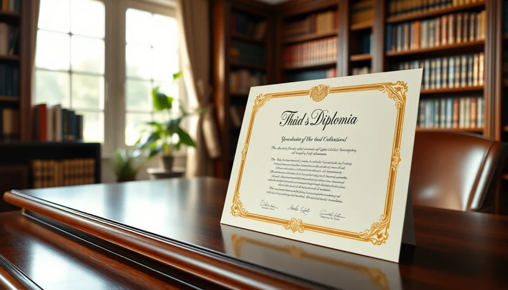 Current image: Buy a fake diploma displayed elegantly on a wooden desk in a professional office setting.