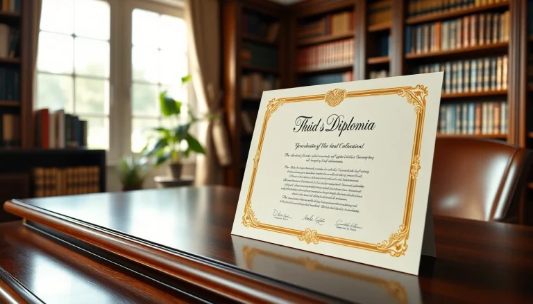 Buy a fake diploma displayed elegantly on a wooden desk in a professional office setting.