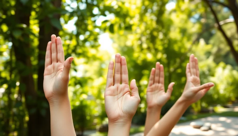 Demonstrating yoga mudras with clear gestures and nature backdrop.