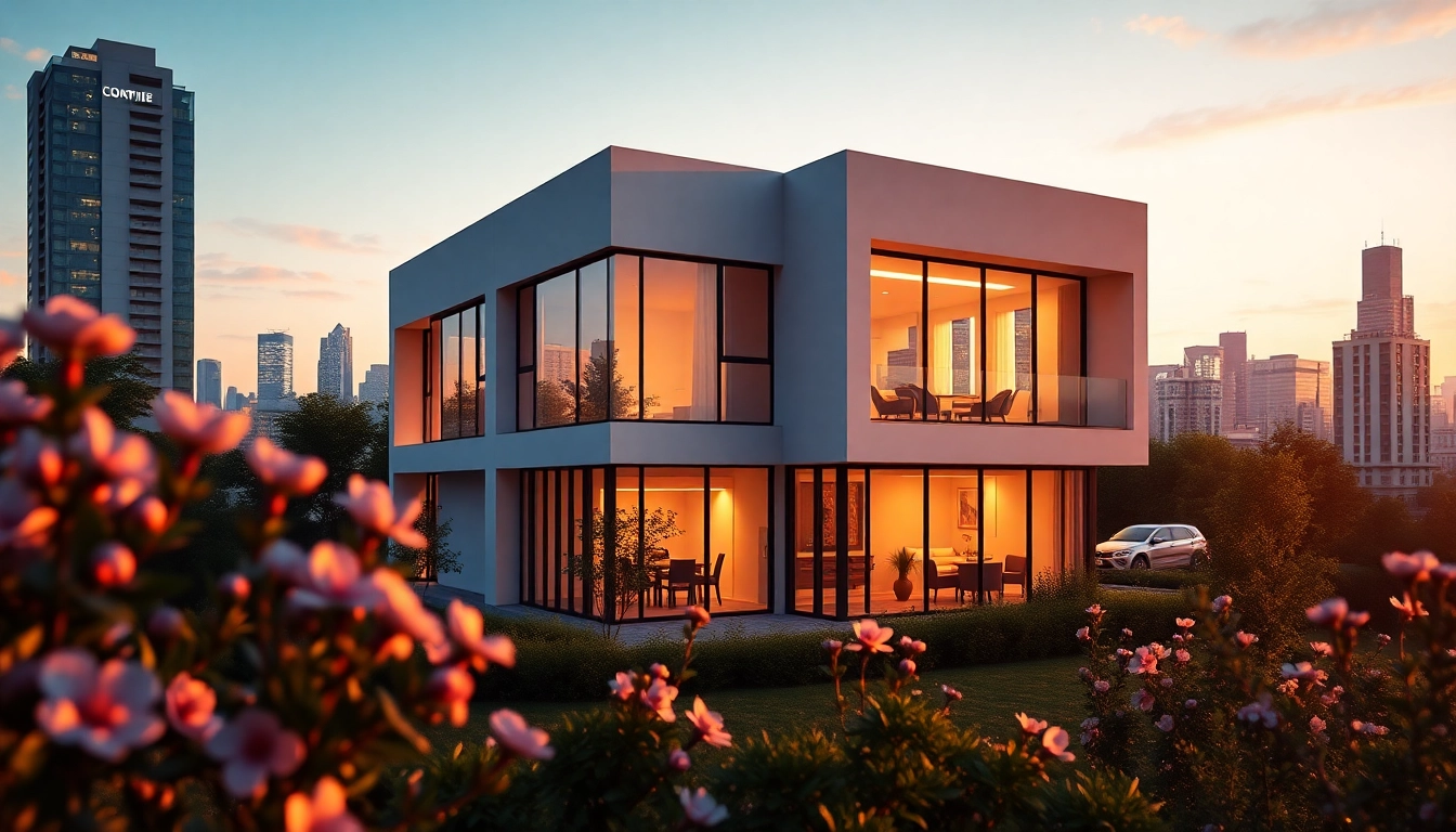 Architektur Visualisierung eines modernen Hauses in urbanem Umfeld mit lebendigen Farben.