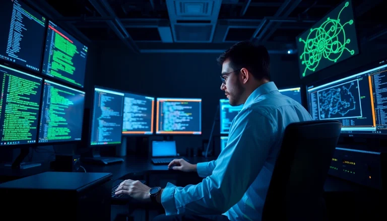 Durchführung von pentesting durch einen Cybersecurity-Experten in einem modernen Büro mit Hochtechnologie-Ausrüstung.