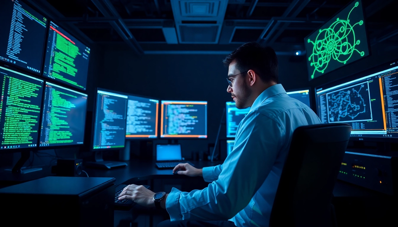 Durchführung von pentesting durch einen Cybersecurity-Experten in einem modernen Büro mit Hochtechnologie-Ausrüstung.