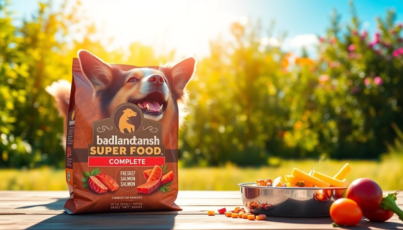 Showcasing badlands ranch superfood complete with fresh ingredients and a happy dog waiting for a meal.