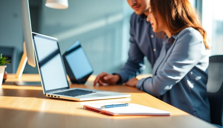 Get computer help near me from a professional technician assisting a client in a modern office