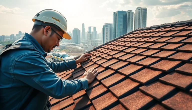 Roofing Singapore expert inspecting a residential roof amid the vibrant skyline.