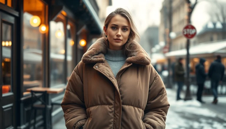 A model in an Oversize Puffer Jacket poses stylishly in a cozy, urban winter environment.