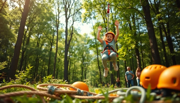 A family enjoying a thrilling experience with a ZIP WIRE KIT in a vibrant forest.