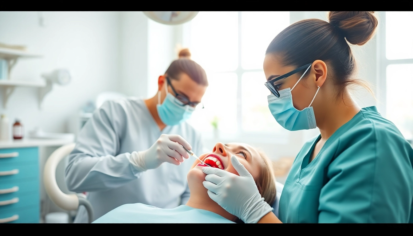 Engaging in dental cleanings, a dentist and hygienist provide thorough care in a bright clinic.
