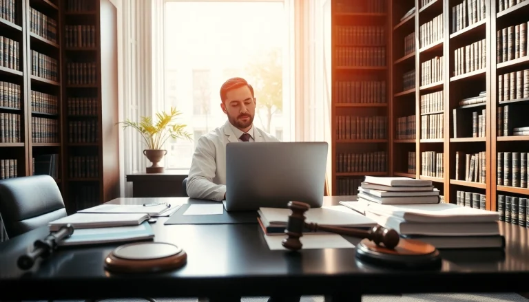 Eminent domain lawyer working diligently in a professional office with legal materials.