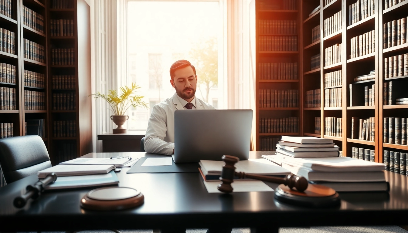 Eminent domain lawyer working diligently in a professional office with legal materials.