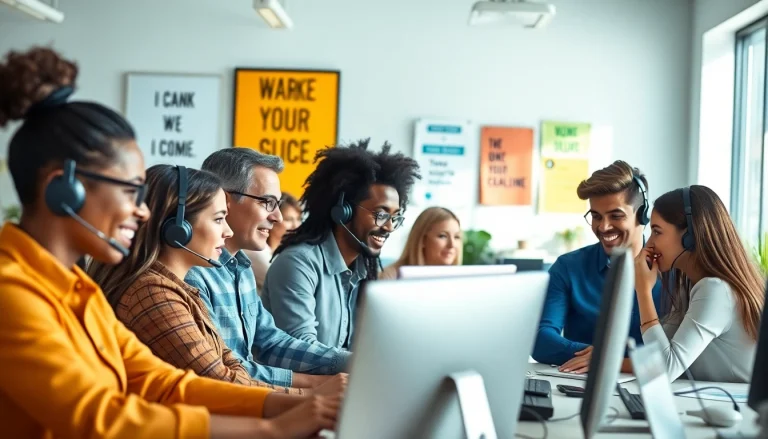 Customer service Outscoring team collaborating in a vibrant office environment.