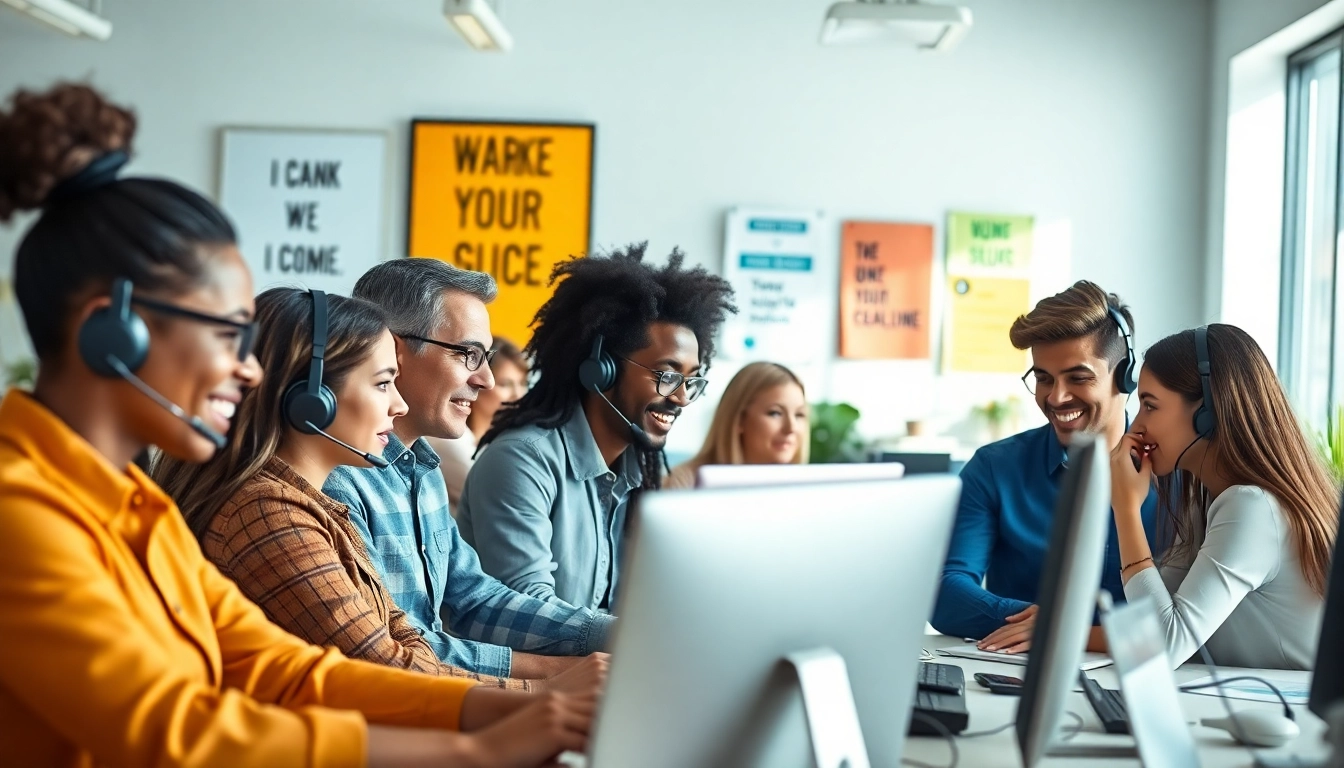 Customer service Outscoring team collaborating in a vibrant office environment.