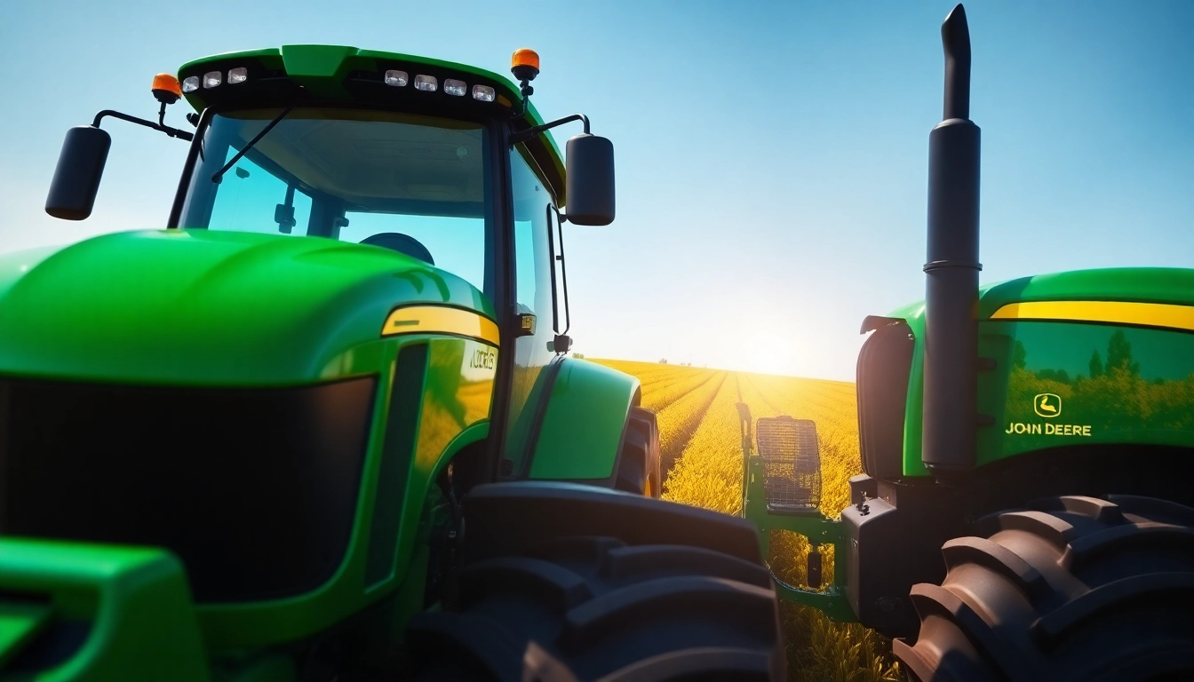 John Deere Traktor in einem lebendigen Feld mit fortschrittlicher Technologie.