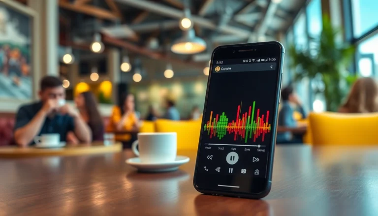 Showcase of the Mobile music app interface in a lively café setting, illustrating vibrant sound visualizations.