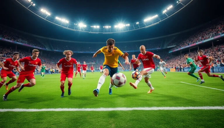 Active players in a football match illustrating situs judi bola excitement, with vibrant colors and high energy.