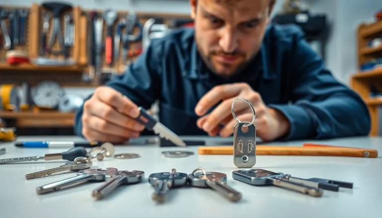 Locksmith analyzing various Van Keys during key-making process, displaying tools and expertise.