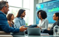 Analyze competitive intelligence data in a collaborative office environment with focused professionals.