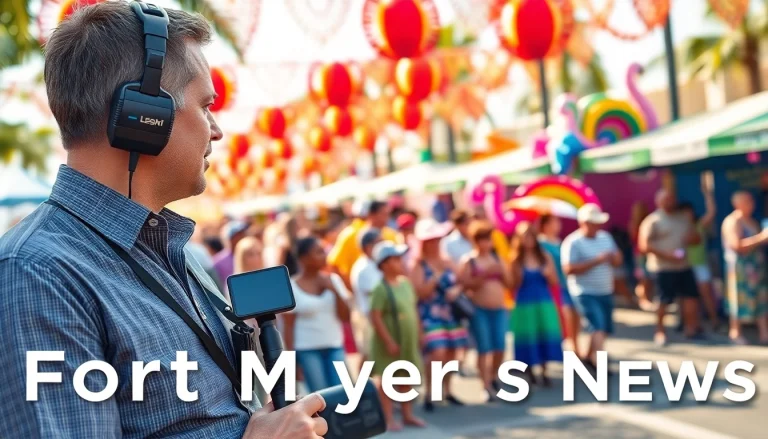 Reporting on fort myers news at a lively community festival with vibrant decorations.