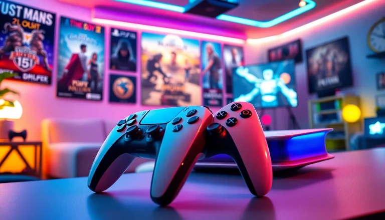 Showcase of exciting PS5 games with a dynamic gaming setup and vibrant atmosphere.