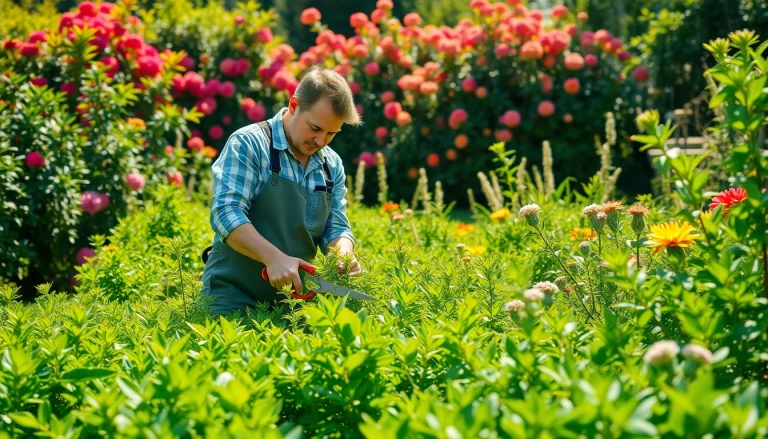 Snoeiseizoen: Een tuinier snoeit planten in een levendige tuin vol kleur.