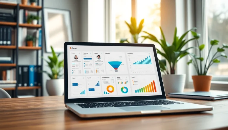 Engaging workspace showcasing funnel templates on a laptop amidst business charts and data.