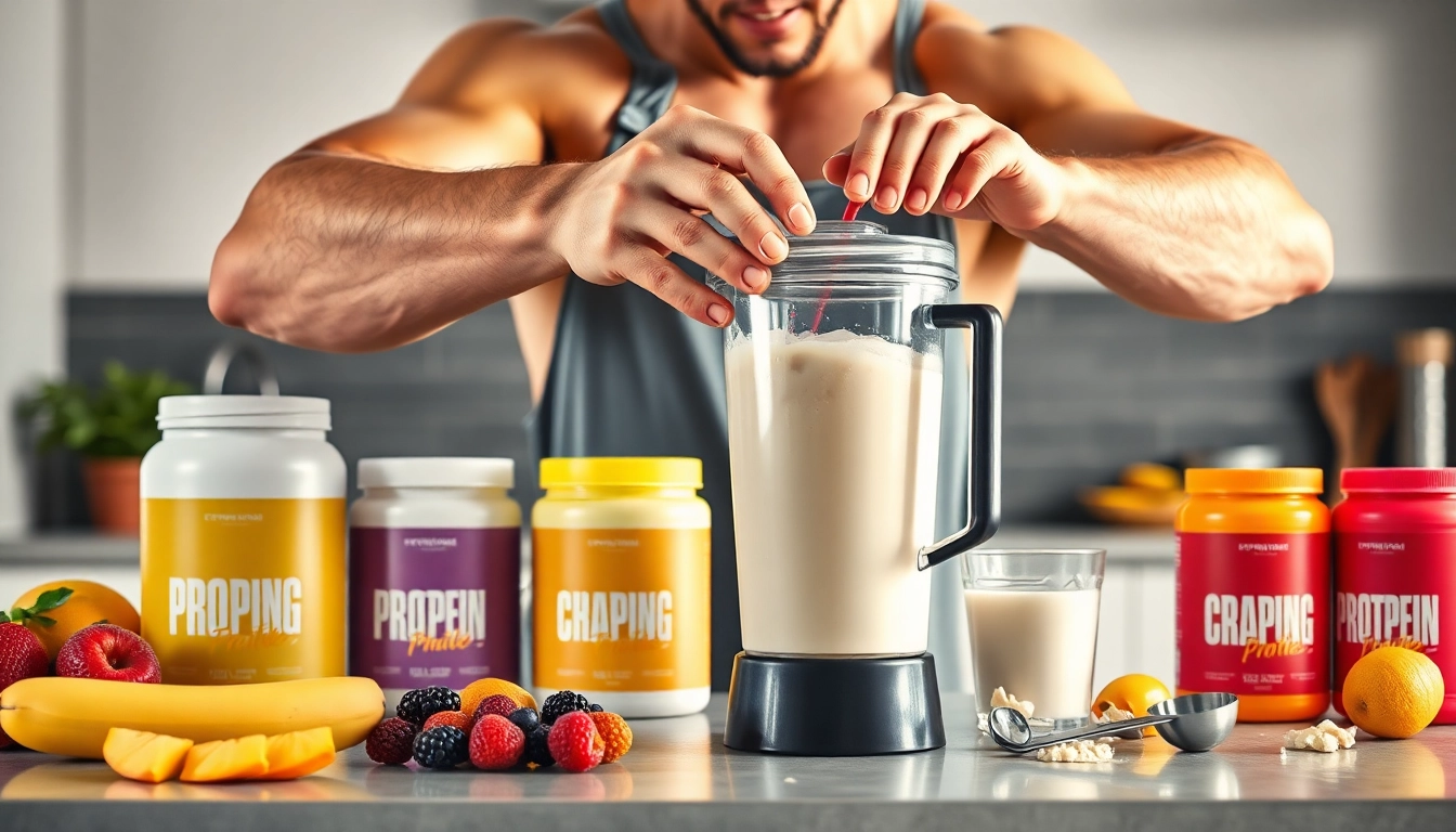 Mixing protein powder in a blender with fruits and milk for a nutritious shake.