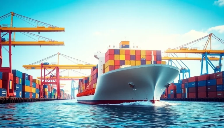 Showcasing imports with a bustling cargo ship in a busy port environment, symbolizing global trade.