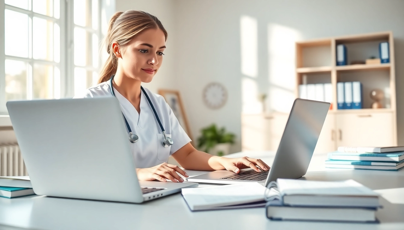 Nursing CEUs online learning session illustrating a nurse at a laptop.