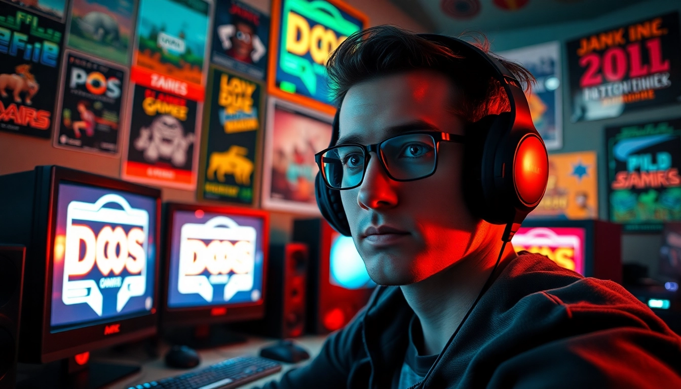 Engaging scene of dos games online with a gamer fully immersed in nostalgic retro gaming.